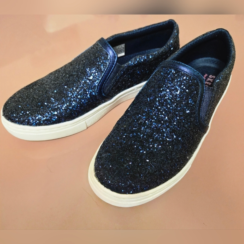 New! Skechers Air Cooled Memory Foam Navy Blue Glitter Slip On Shoes 7 - Picture 5 of 14